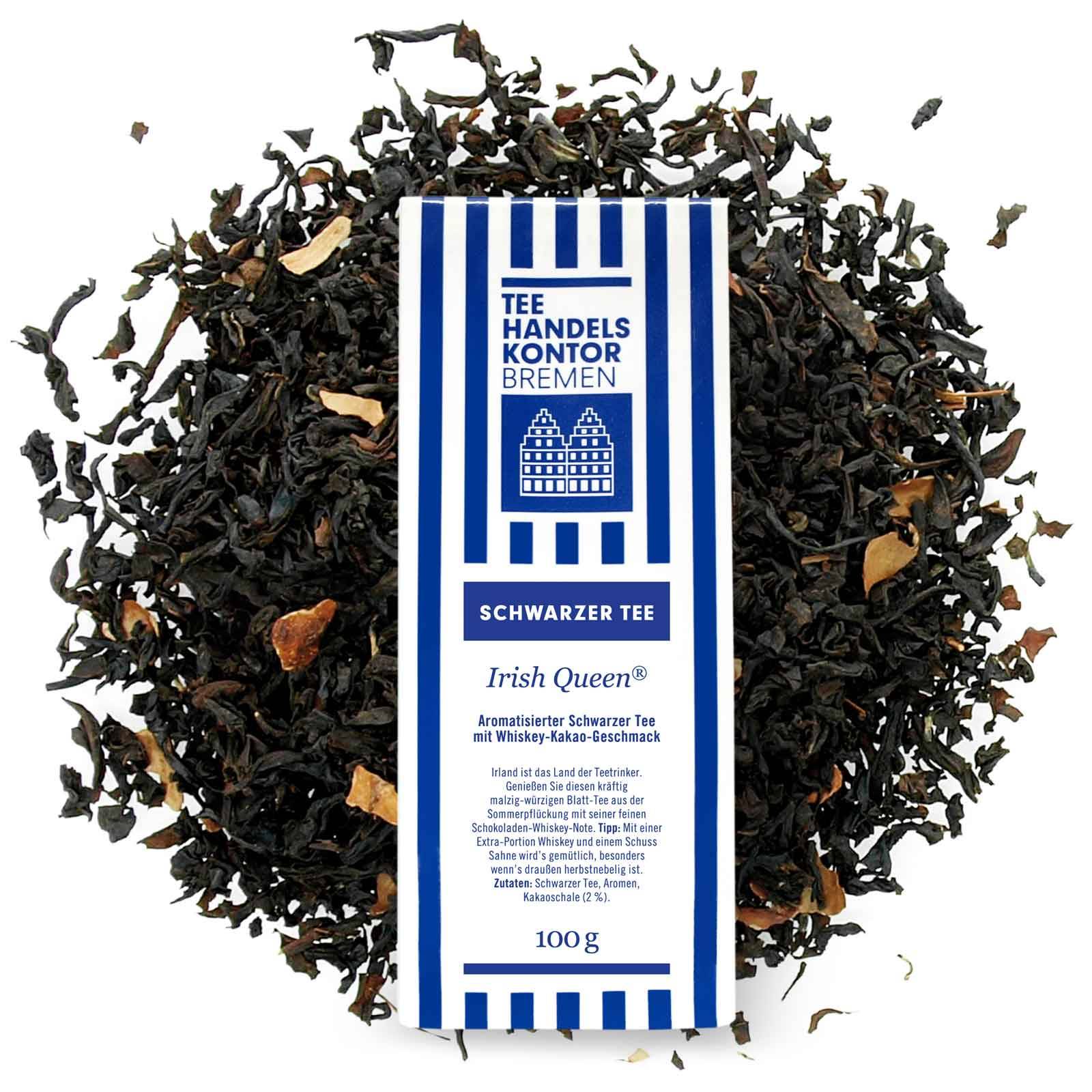 Irish Queen® aromatisierter Schwarztee mit blau-weißer Teetüte und lose