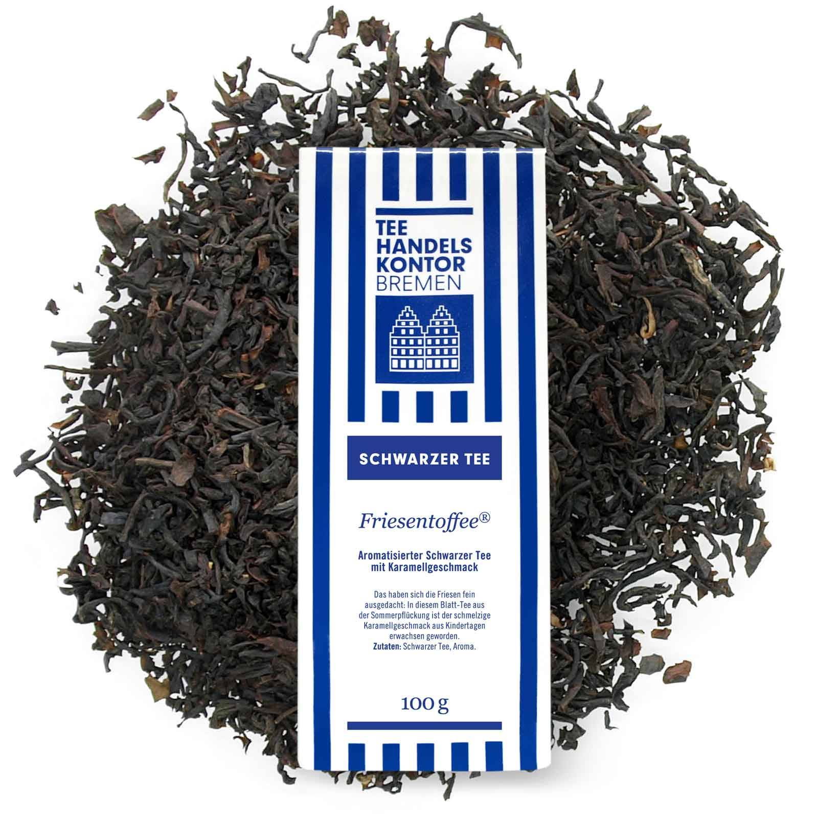 Friesentoffee® aromatisierter Schwarztee mit blau-weißer Teetüte und lose