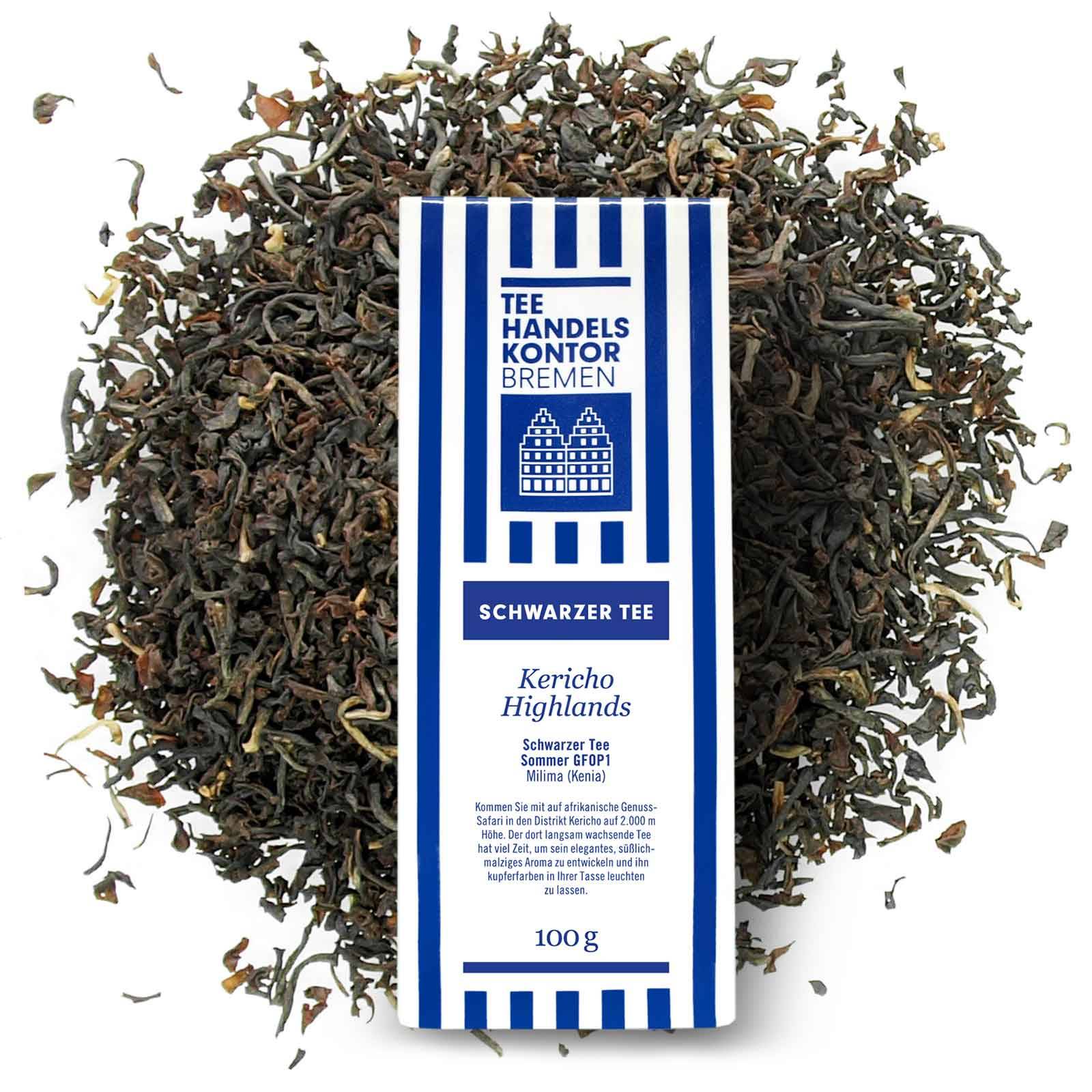 Kericho Highlands Schwarztee mit blau-weißer Teetüte und lose