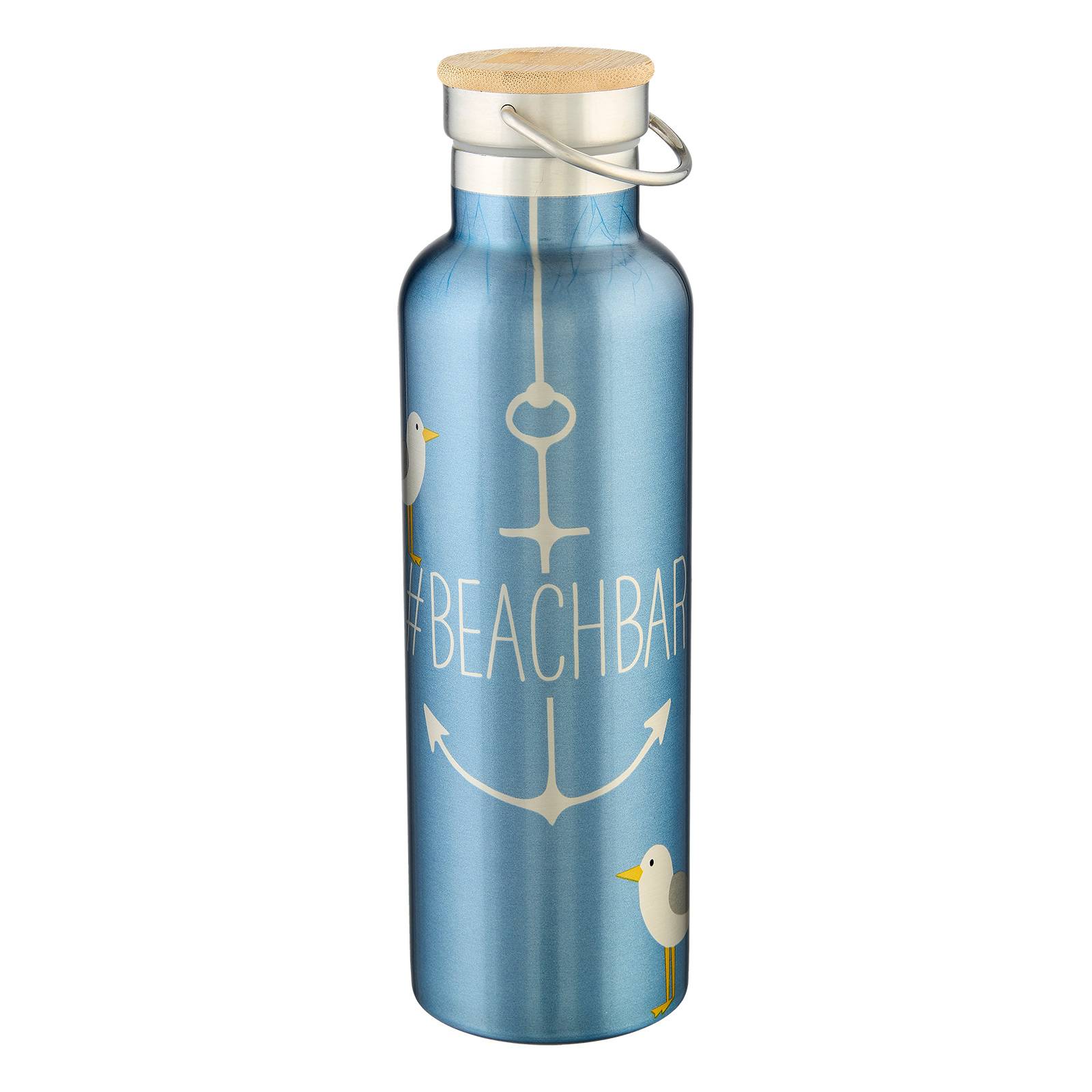 isolierflasche blau mit bambusdeckel und henkel