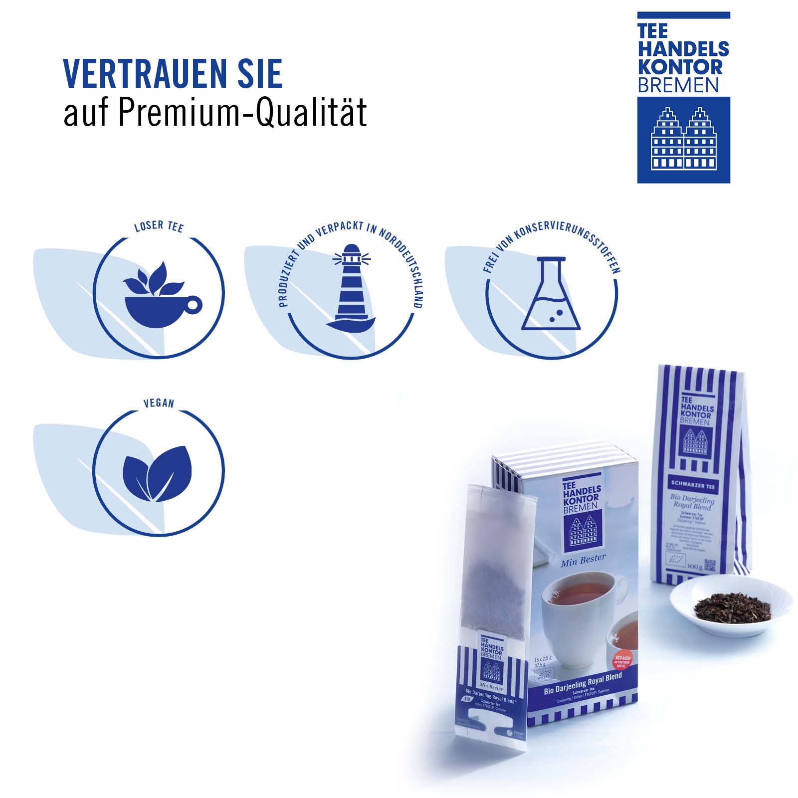 qualitätssiegel des losen tees, produziert in norddeutschland, frei von konservierungsmitteln