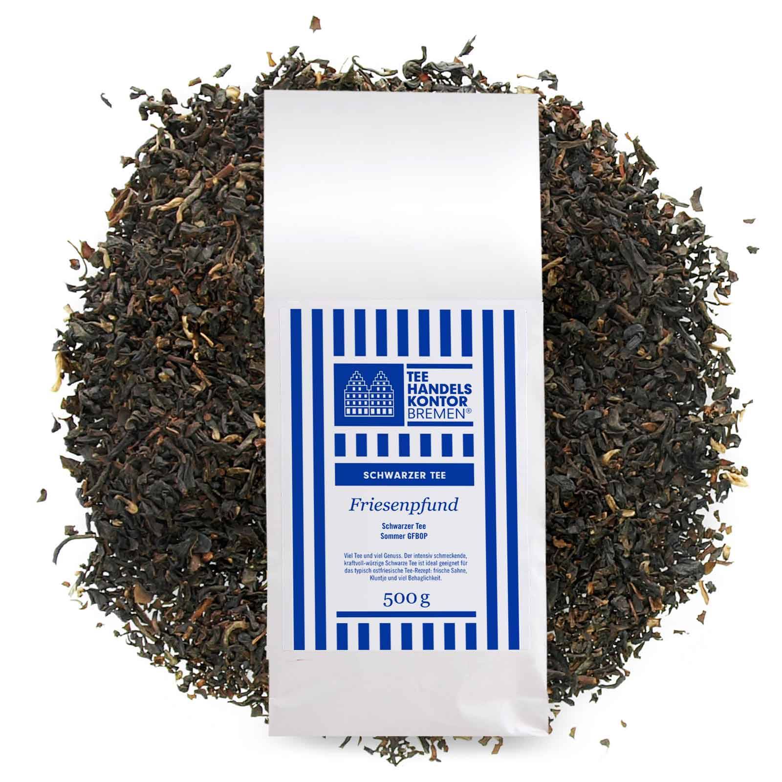 Friesen-Pfund Schwarztee mit blau-weißer Teetüte und lose