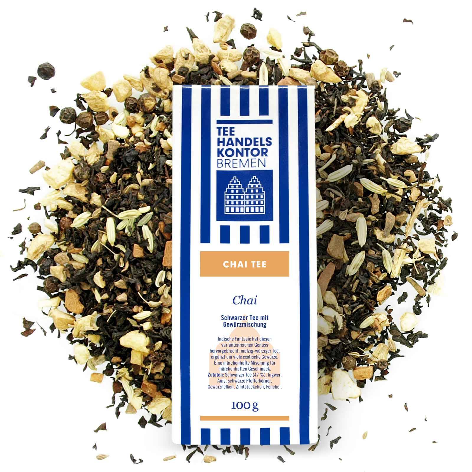 Chai Schwarztee mit blau-weißer Teetüte und lose