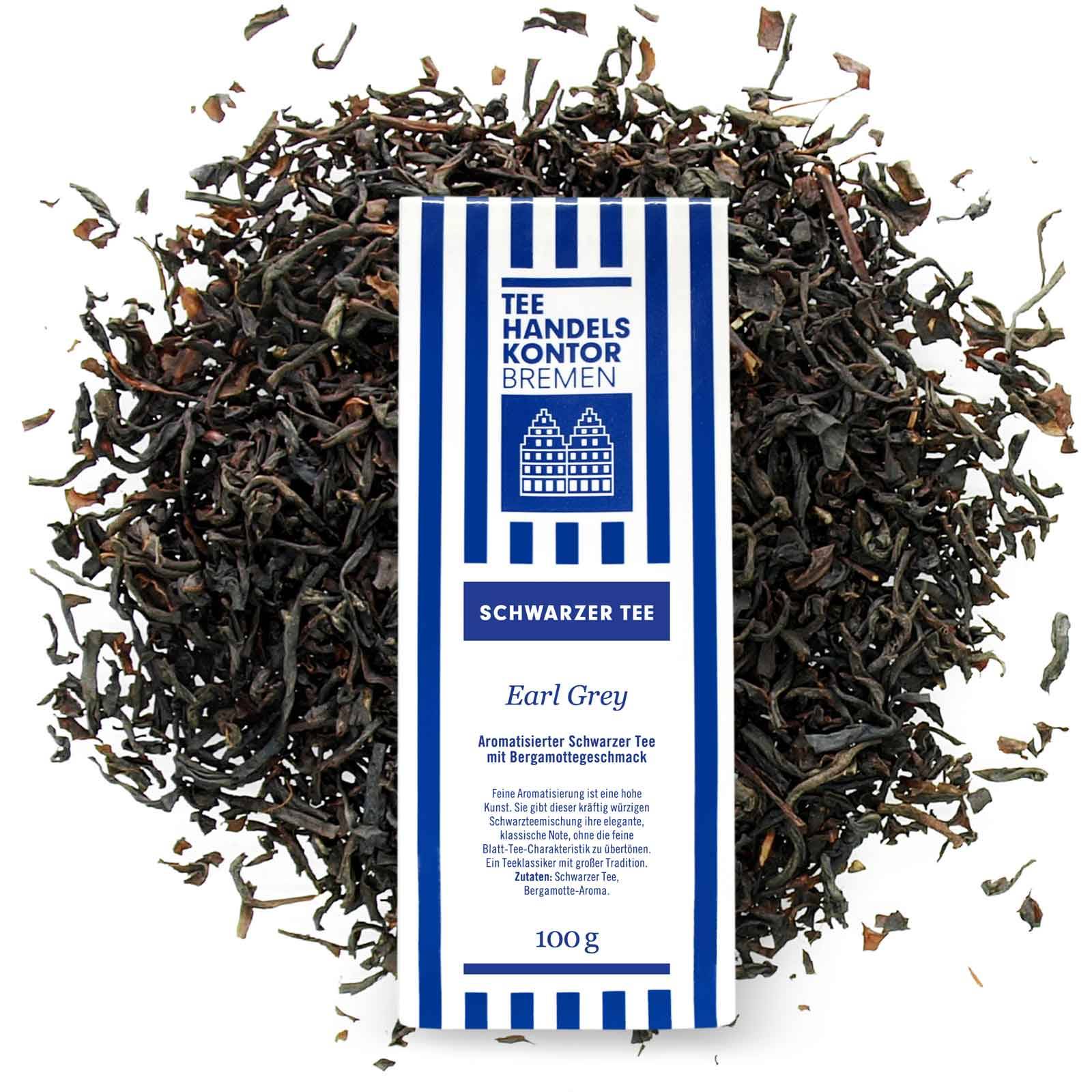 Earl Grey aromatisierter Schwarztee mit blau-weißer Teetüte und lose