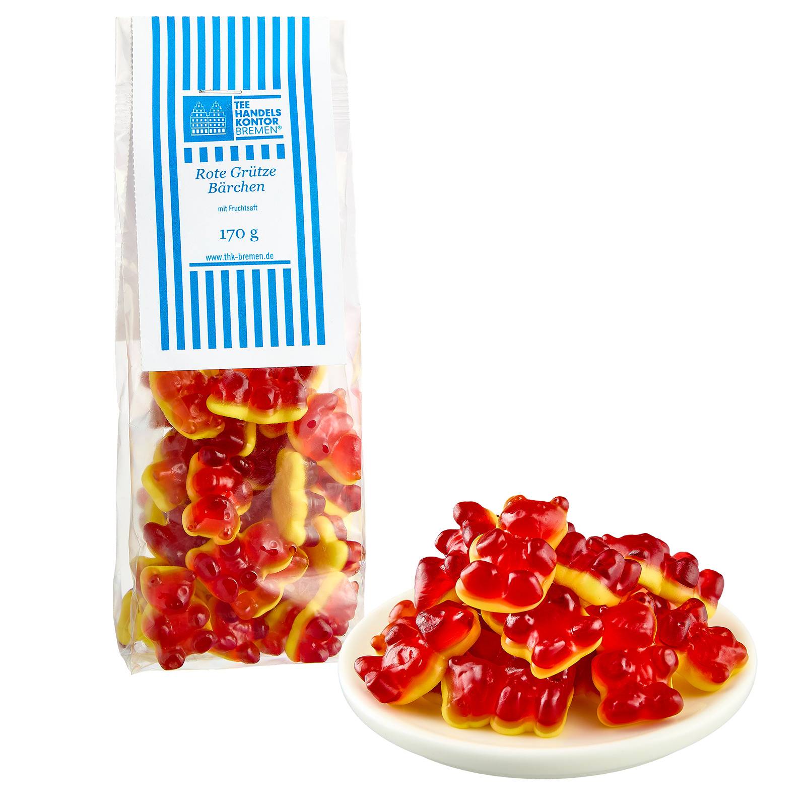 Gummibärchen auf einer Schale und Verpackung mit Logo TEE-HANDELS-KONTOR BREMEN