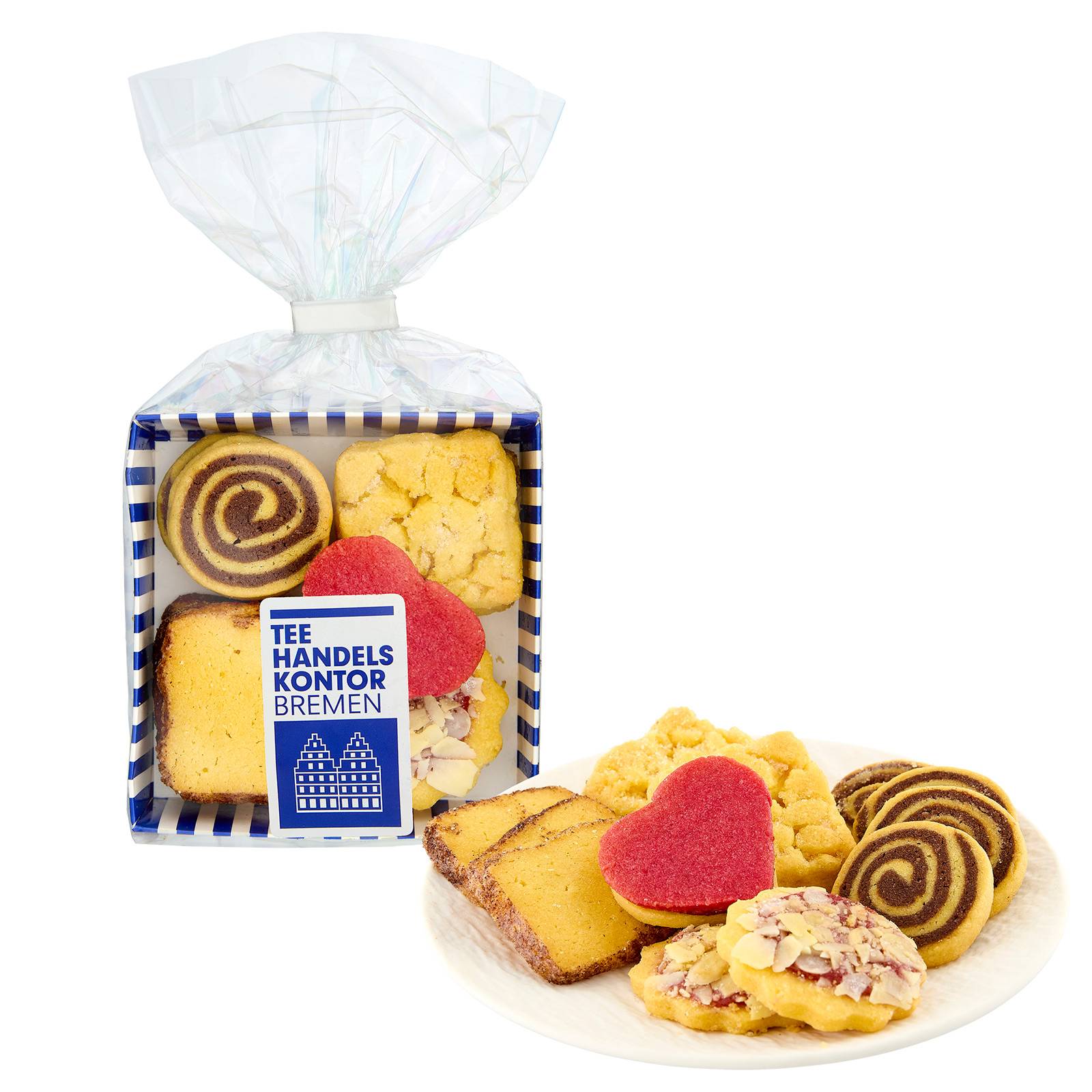 Teegebäck auf einer Schale und Verpackung mit Logo TEE-HANDELS-KONTOR BREMEN