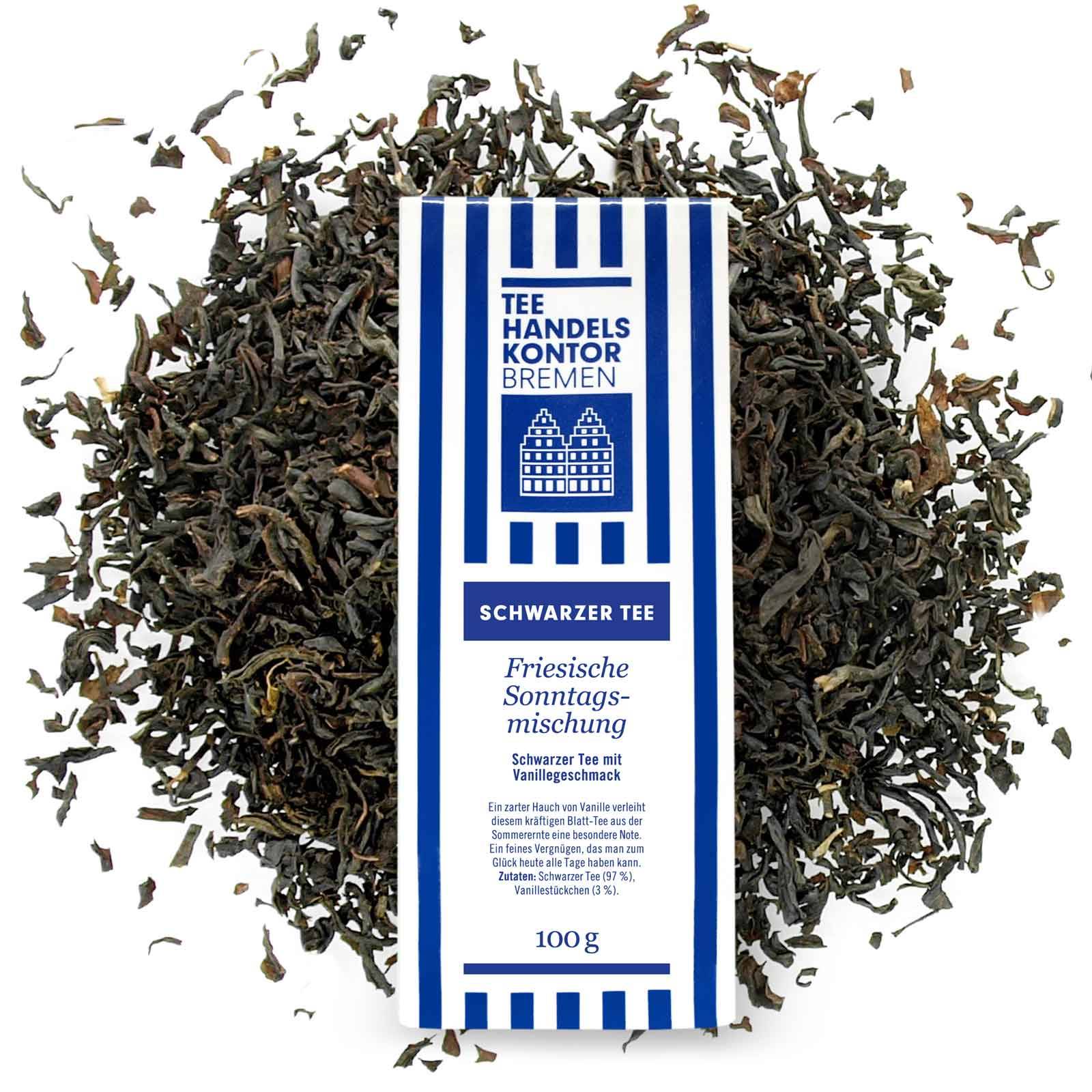 Friesische Sonntagsmischung Schwarztee mit blau-weißer Teetüte und lose