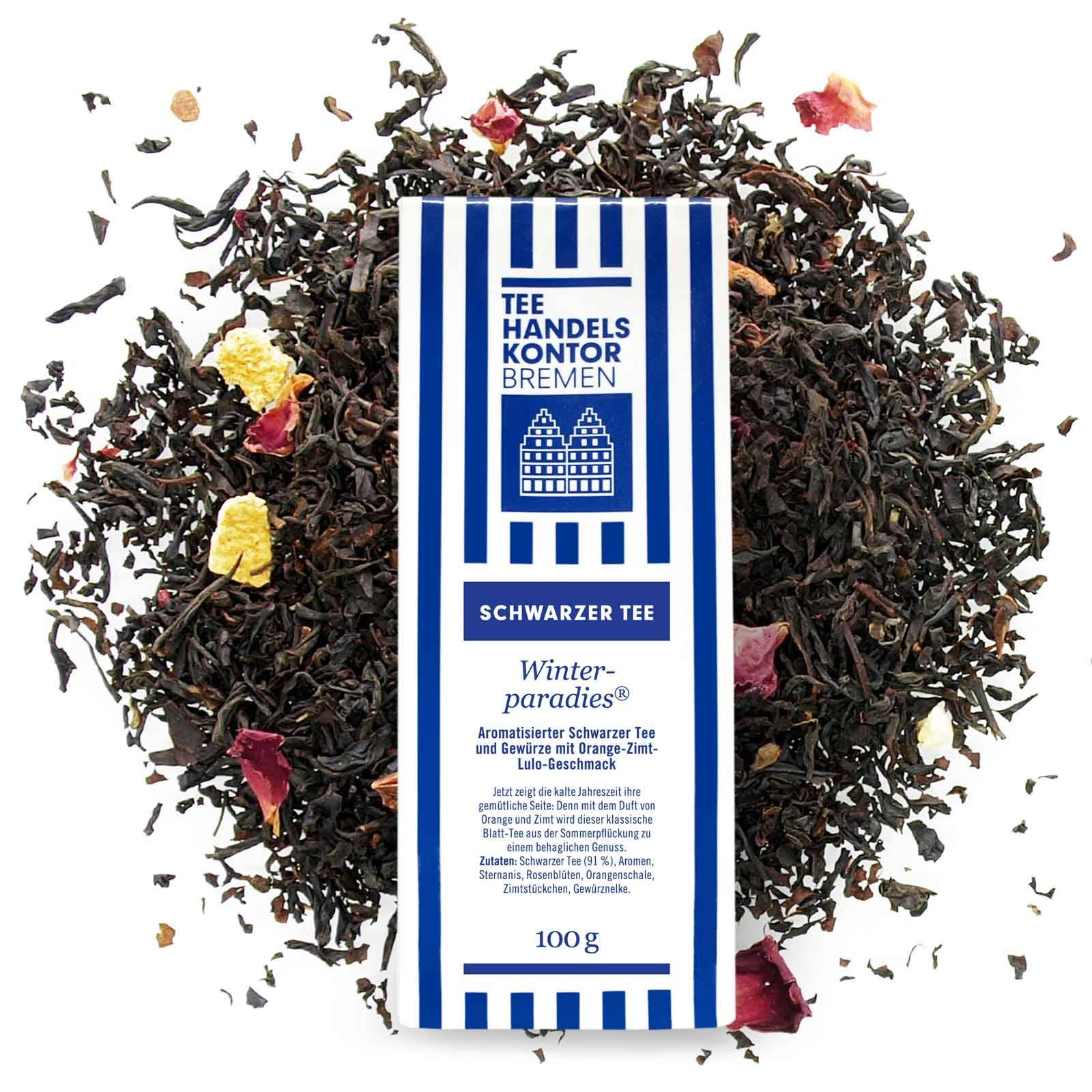 Winterparadies® aromatisierter Schwarztee mit blau-weißer Teetüte und lose