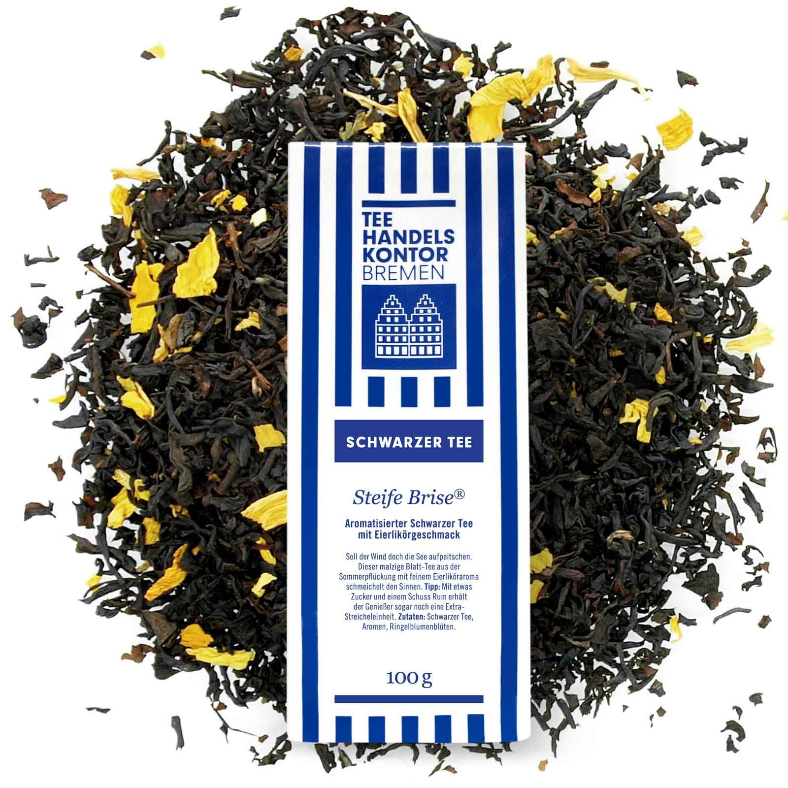 Steife Brise® aromatisierter Schwarztee mit blau-weißer Teetüte und lose